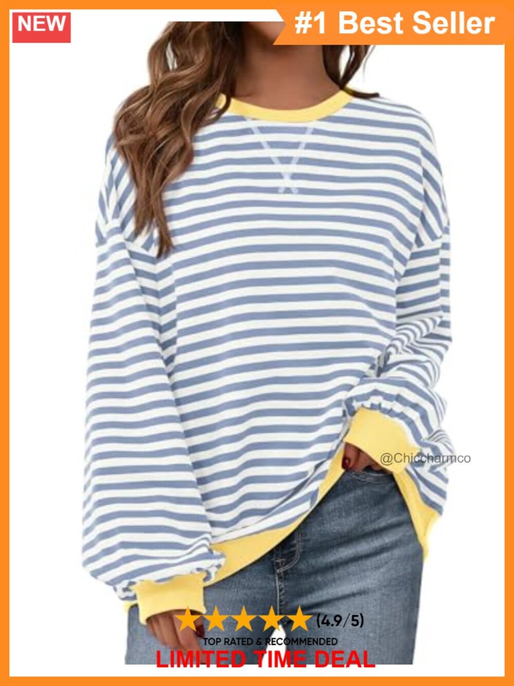 Oversized Striped Crewneck Sweatshirt Lantern Sleeve Loose Fit Pullover